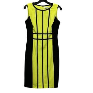 Calvin Klein Fitted Sheath Dress Womens Size 4 Neon Yellow Black Business Lined